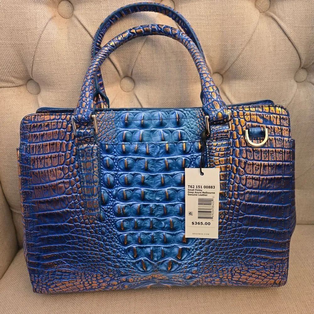 Brahmin Small Finley Deep Azure Melbourne Leather Crocodile Handbag